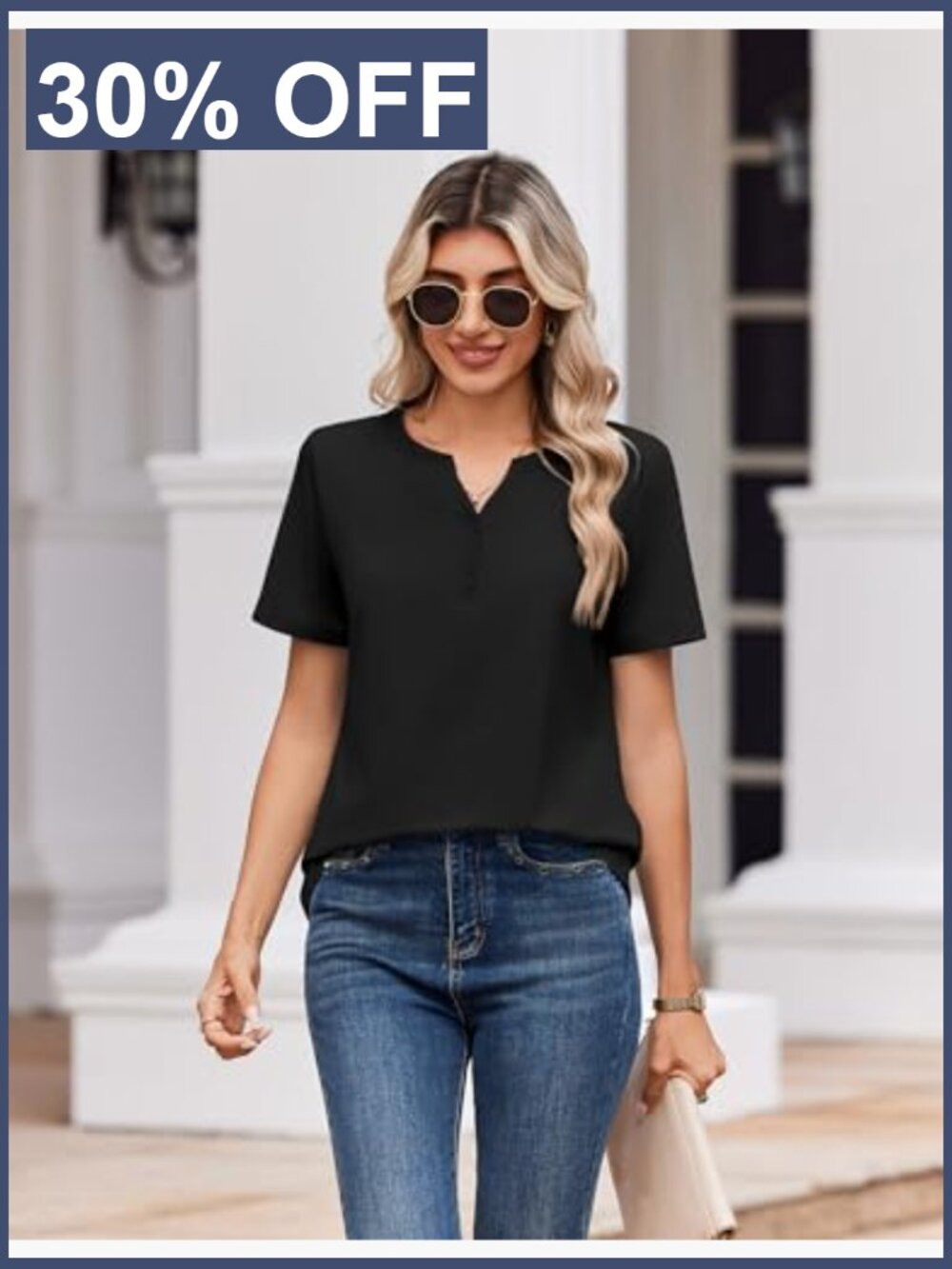Womens V Neck Short Sleeve Blouse Summer Dressy Casual Henley Top - Picture 3 of 6